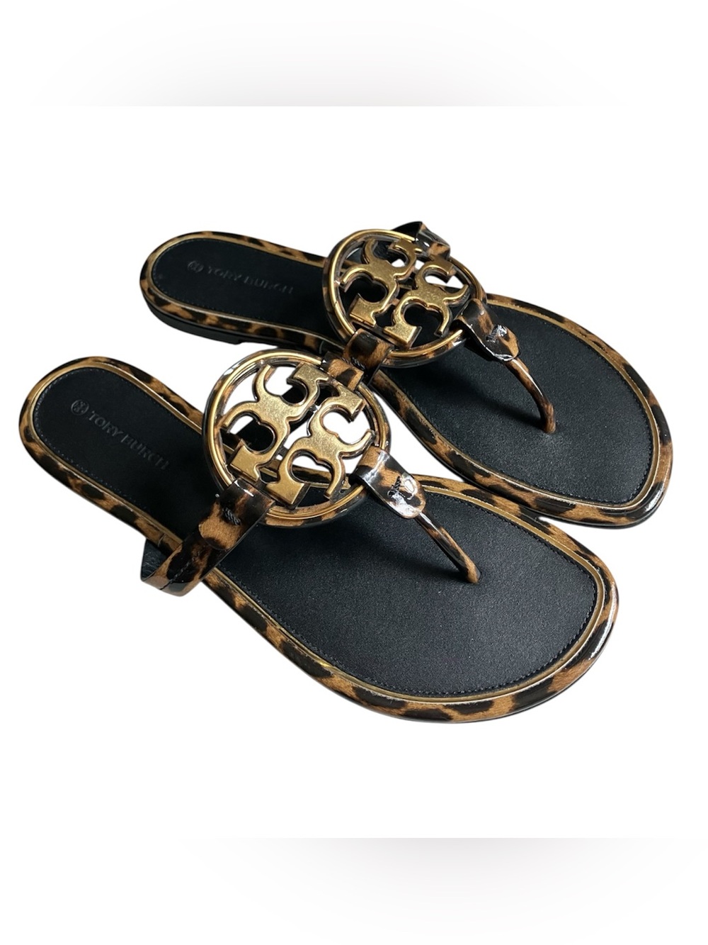 Tory Burch Miller Gold Metal Leopard Print Black Leather sandals 8 Luxury NWOB - Picture 3 of 11